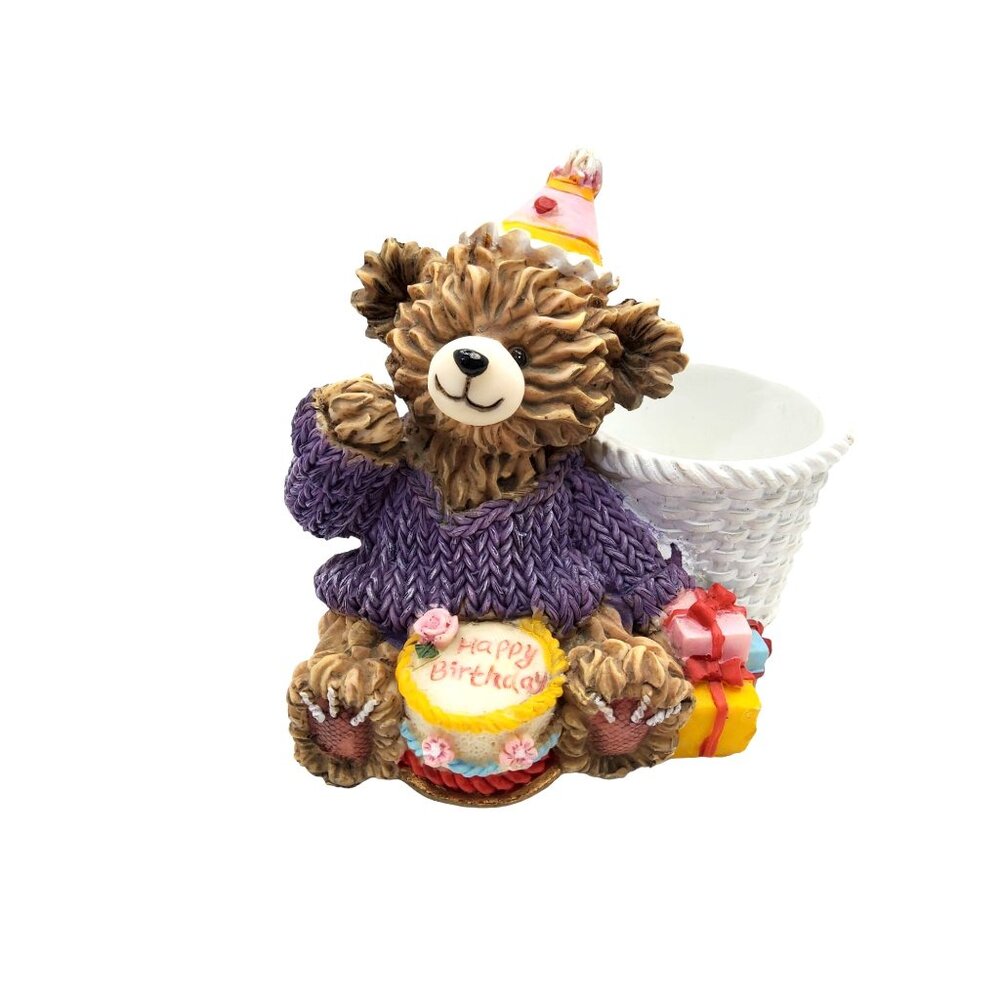 vintage 1980s resin happy birthday bear with cupcake holder.